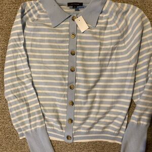 Ann Taylor Light Blue and White Striped Cardigan